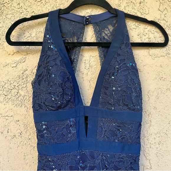 B. Darlin Formal Prom Navy Blue Maxi Dress Gown Lace Sequin Open Back Size 3/4 - Picture 6 of 9